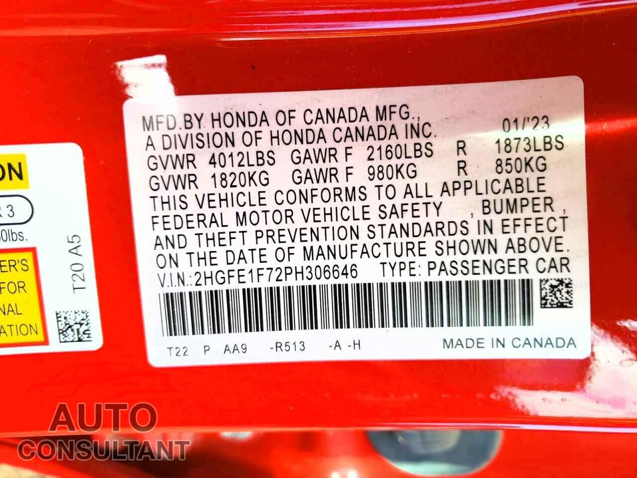 HONDA CIVIC 2023 - 2HGFE1F72PH306646