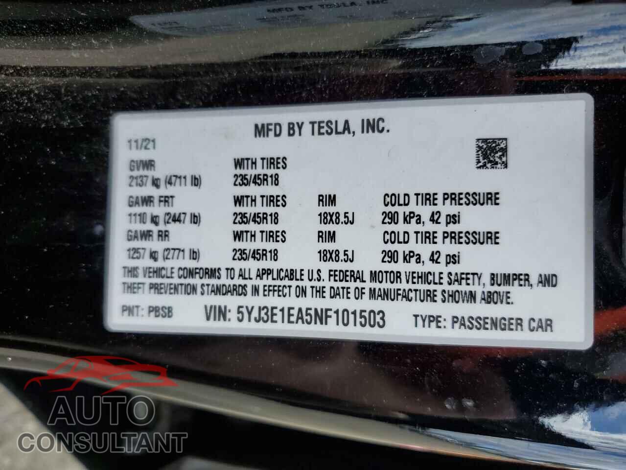 TESLA MODEL 3 2022 - 5YJ3E1EA5NF101503
