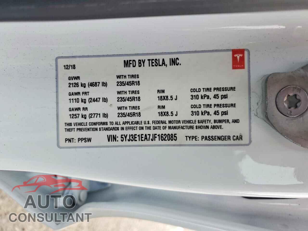 TESLA MODEL 3 2018 - 5YJ3E1EA7JF162085