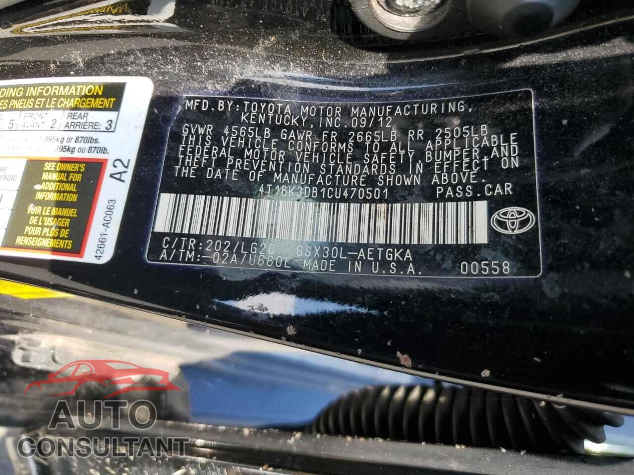 TOYOTA AVALON 2012 - 4T1BK3DB1CU470501