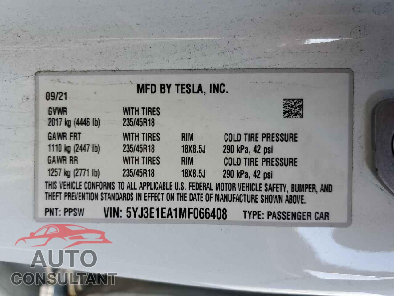 TESLA MODEL 3 2021 - 5YJ3E1EA1MF066408