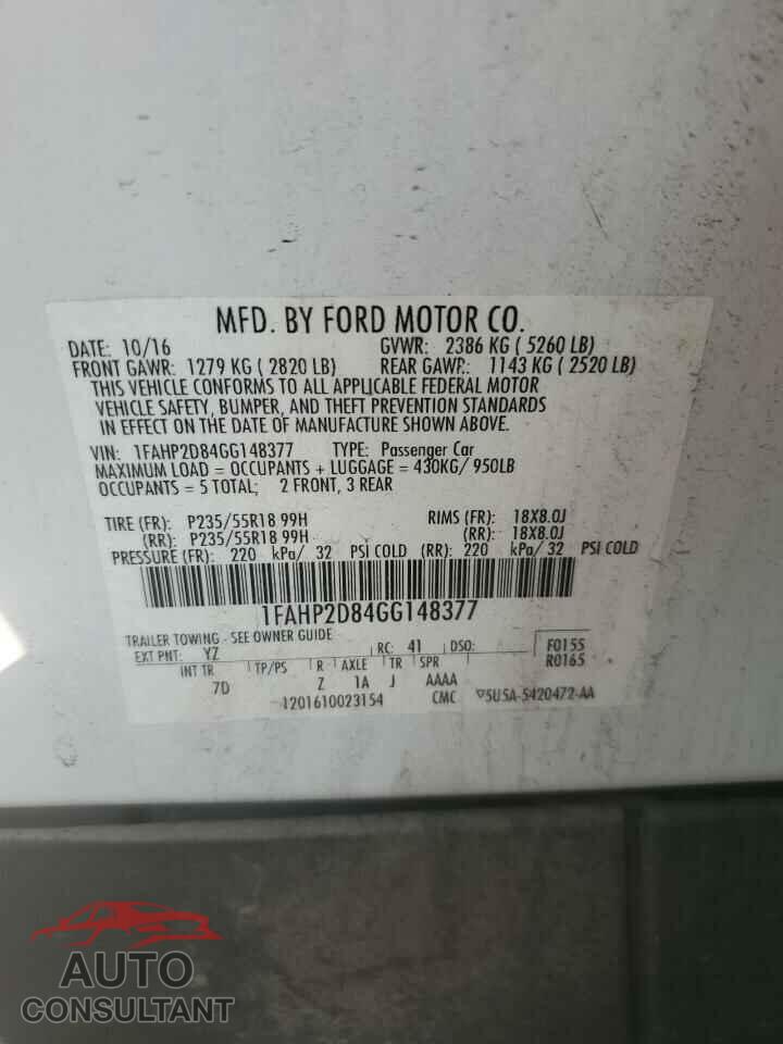 FORD TAURUS 2016 - 1FAHP2D84GG148377