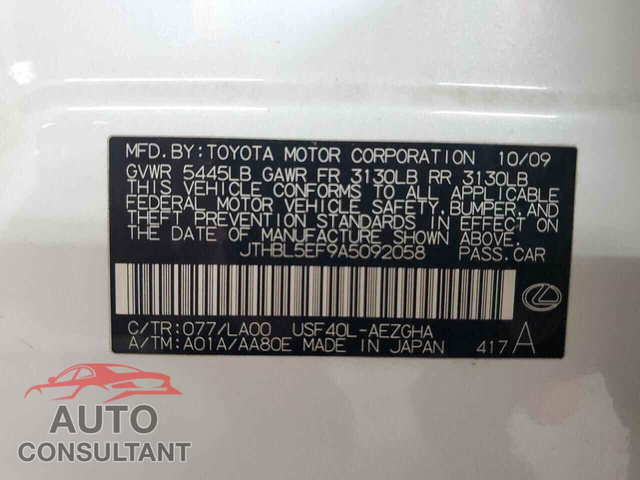 LEXUS LS460 2010 - JTHBL5EF9A5092058