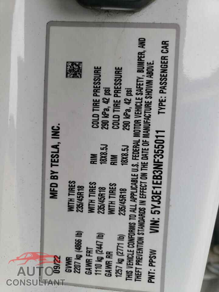 TESLA MODEL 3 2022 - 5YJ3E1EB3NF355011