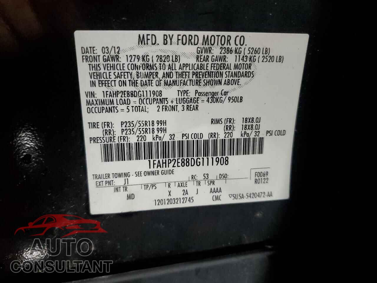 FORD TAURUS 2013 - 1FAHP2E88DG111908