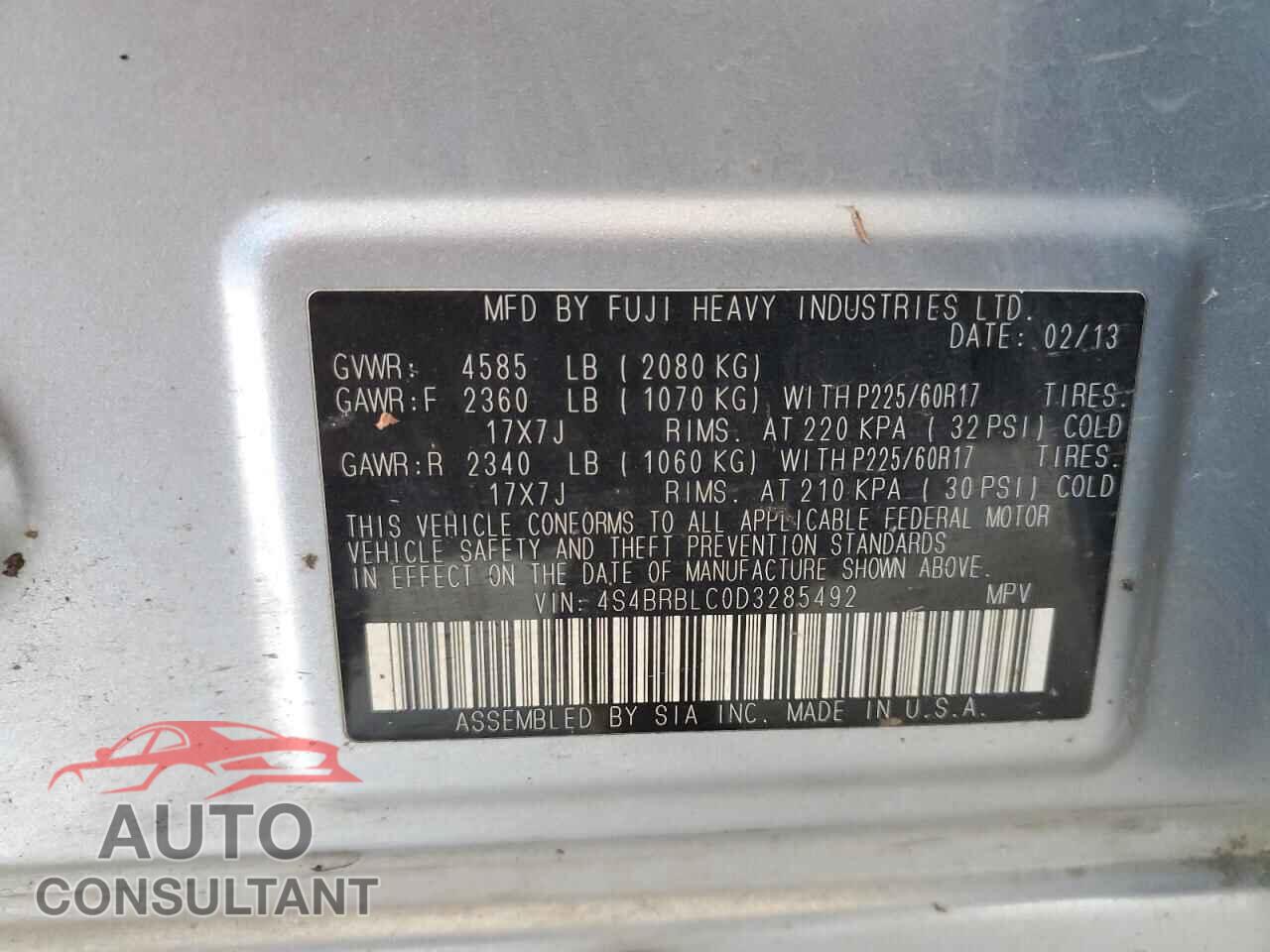 SUBARU OUTBACK 2013 - 4S4BRBLC0D3285492