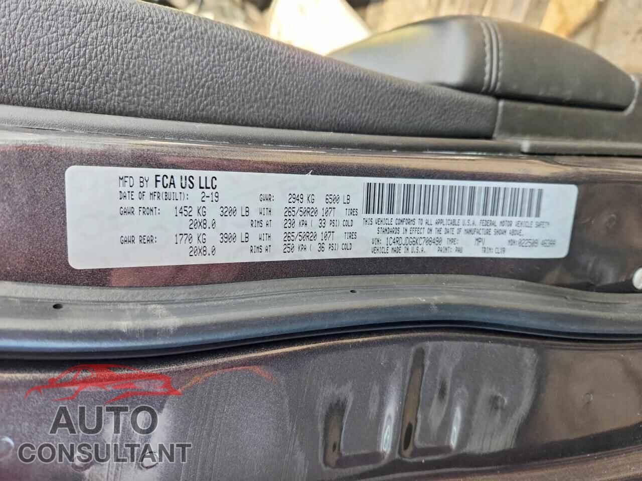 DODGE DURANGO 2019 - 1C4RDJDG6KC708490