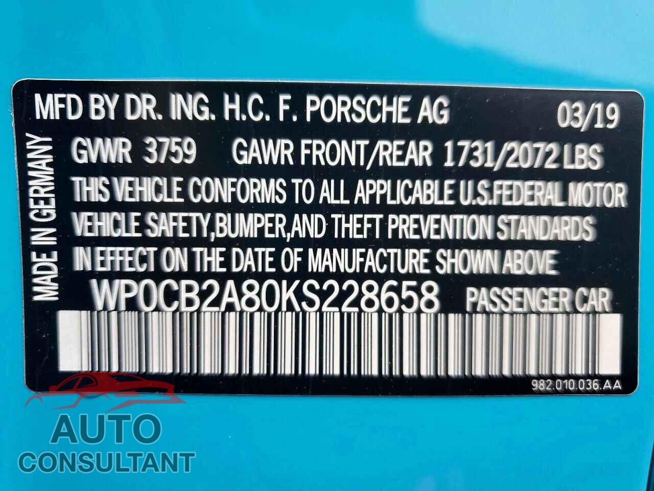 PORSCHE BOXSTER 2019 - WP0CB2A80KS228658