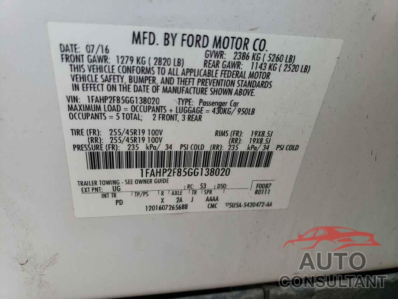 FORD TAURUS 2016 - 1FAHP2F85GG138020