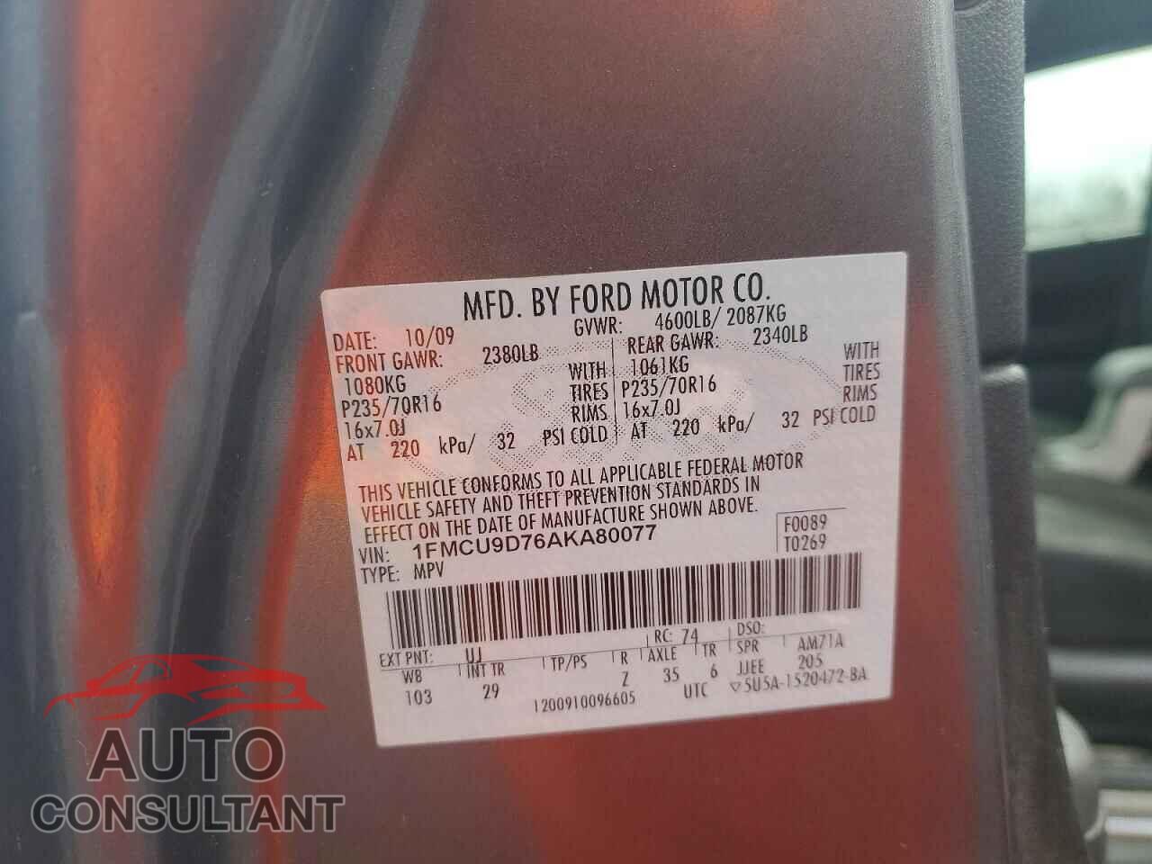 FORD ESCAPE 2010 - 1FMCU9D76AKA80077