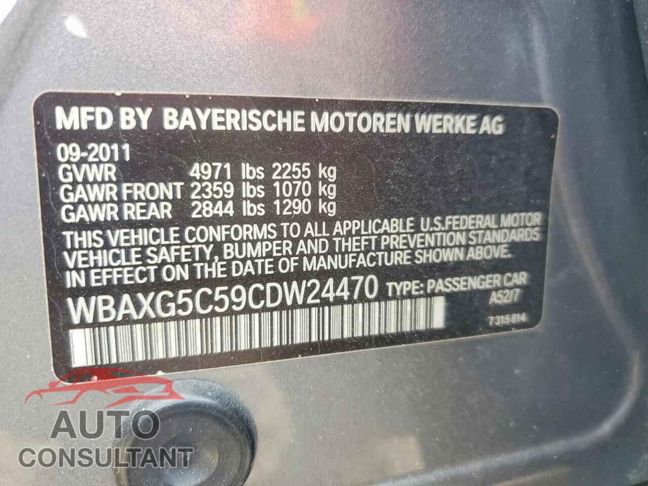 BMW 5 SERIES 2012 - WBAXG5C59CDW24470