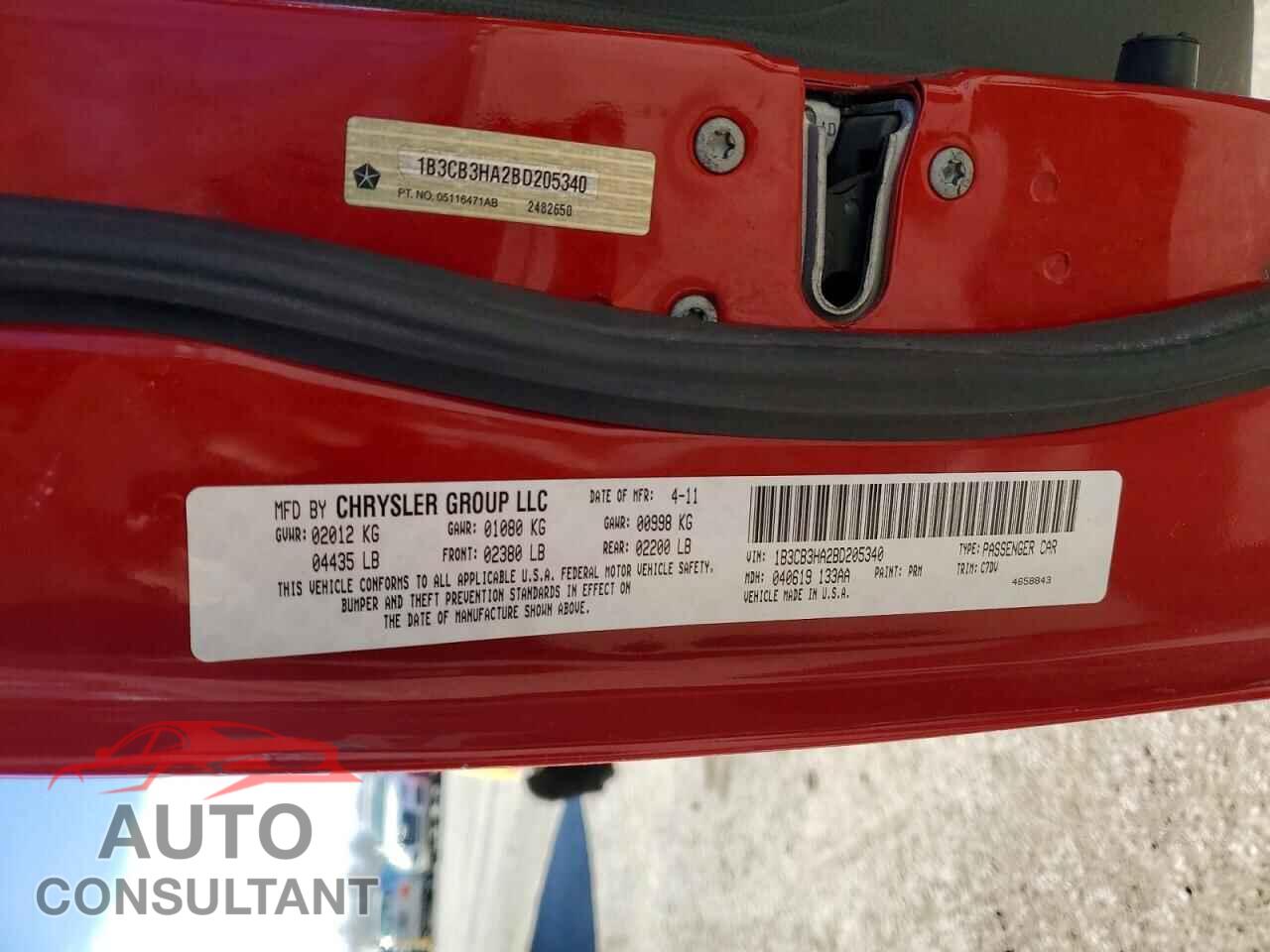 DODGE CALIBER 2011 - 1B3CB3HA2BD205340