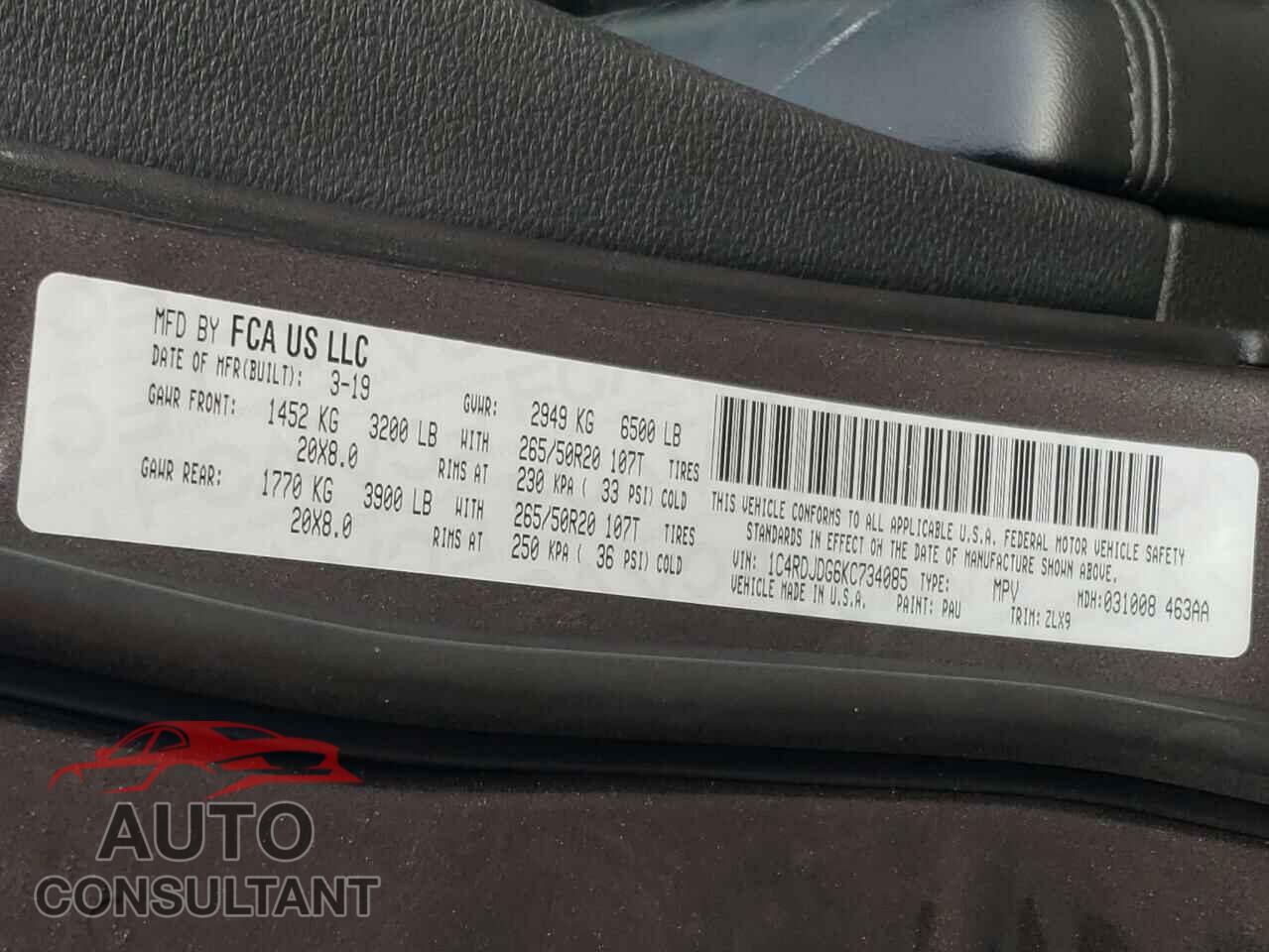 DODGE DURANGO 2019 - 1C4RDJDG6KC734085