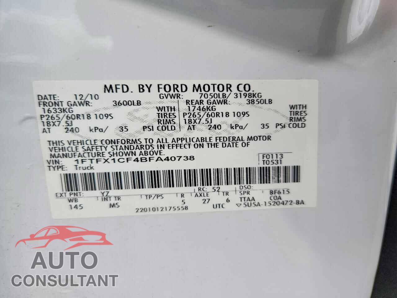 FORD F150 2011 - 1FTFX1CF4BFA40738