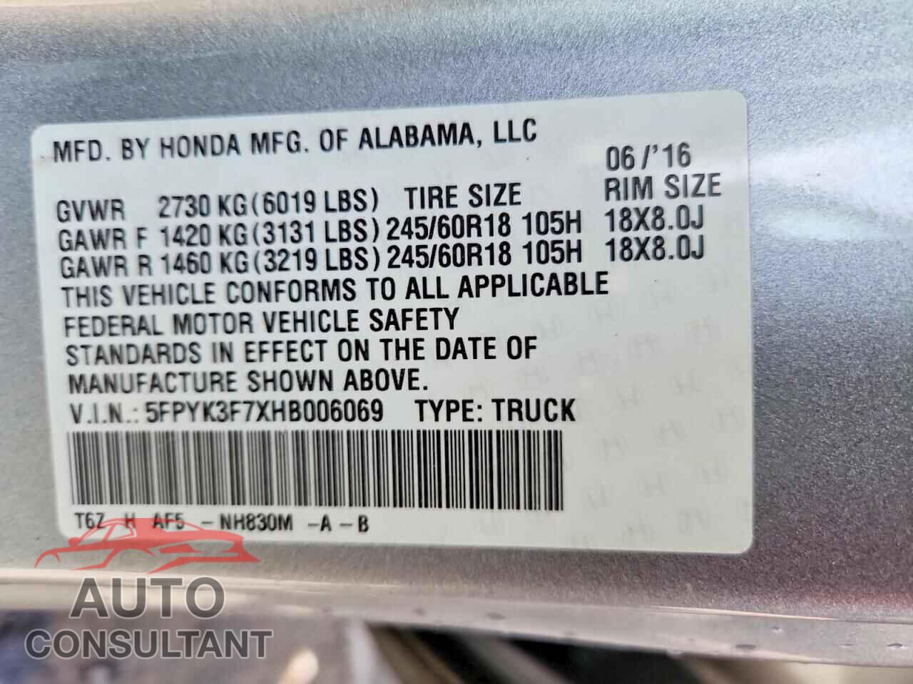 HONDA RIDGELINE 2017 - 5FPYK3F7XHB006069