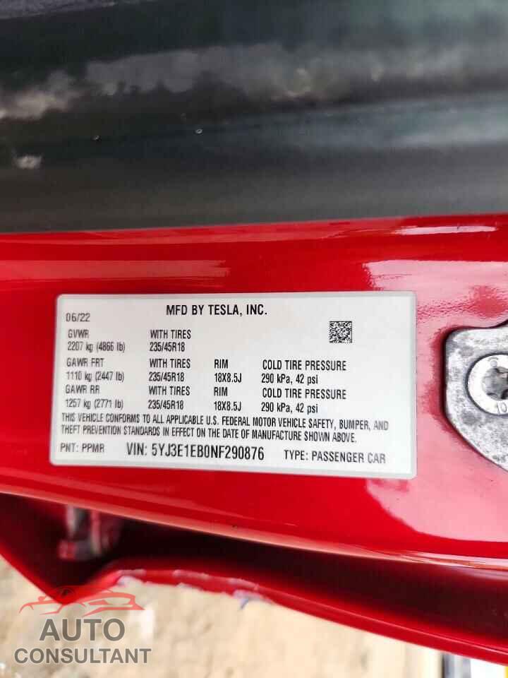 TESLA MODEL 3 2022 - 5YJ3E1EB0NF290876