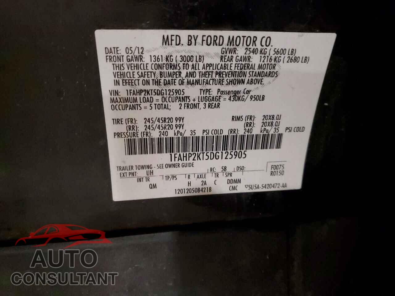 FORD TAURUS 2013 - 1FAHP2KT5DG125905