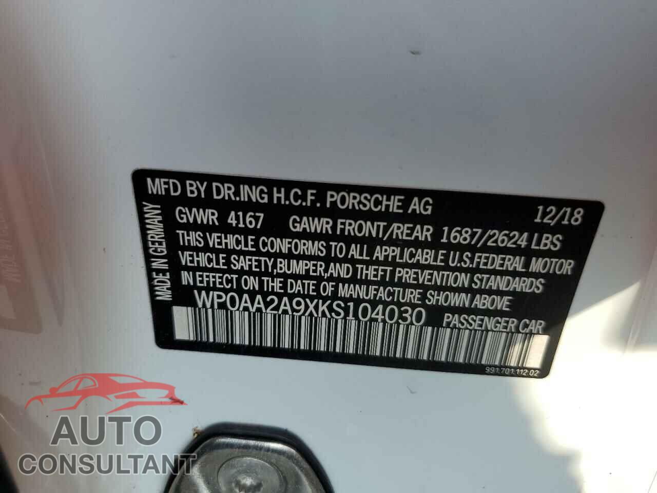 PORSCHE 911 2019 - WP0AA2A9XKS104030