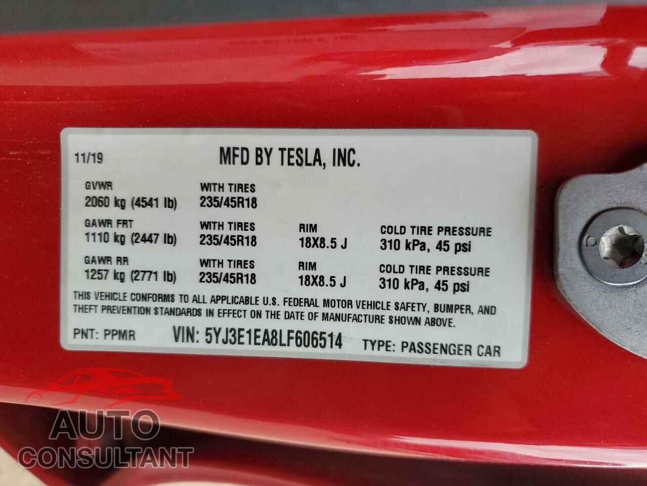 TESLA MODEL 3 2020 - 5YJ3E1EA8LF606514