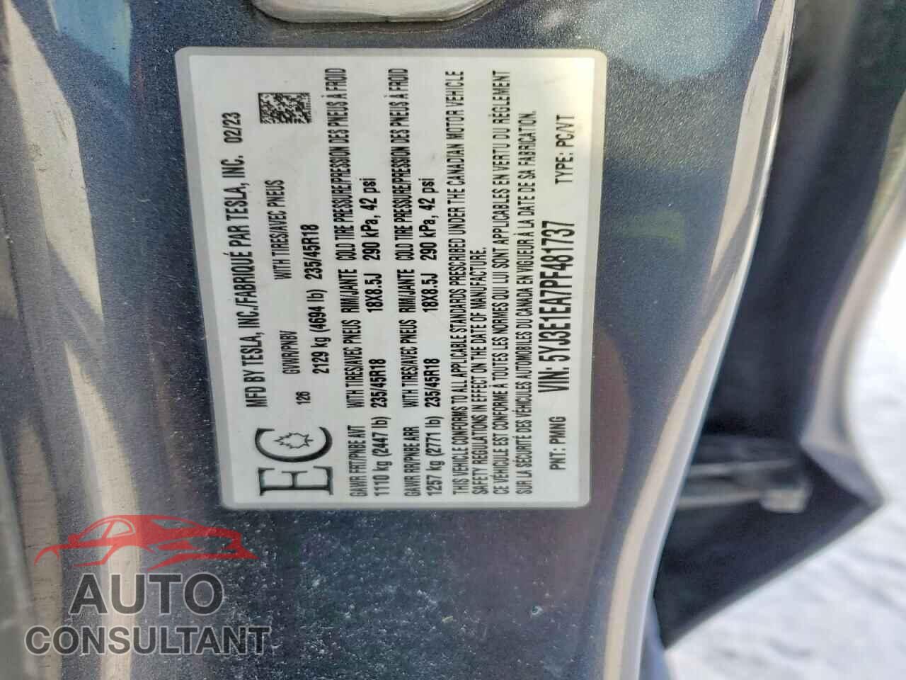 TESLA MODEL 3 2023 - 5YJ3E1EA7PF481737