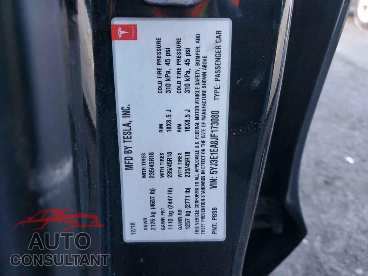 TESLA MODEL 3 2018 - 5YJ3E1EA8JF173080
