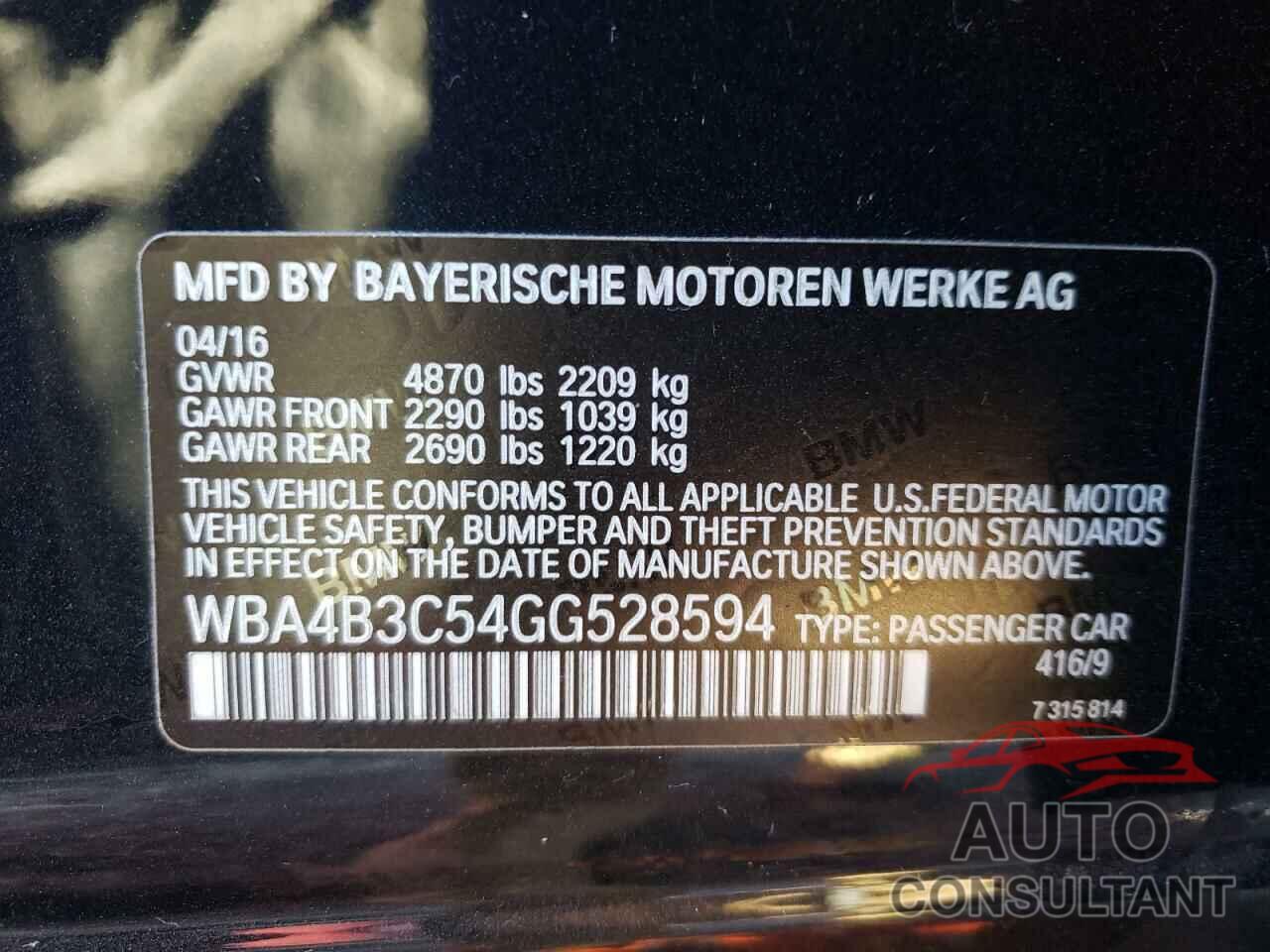 BMW 4 SERIES 2016 - WBA4B3C54GG528594