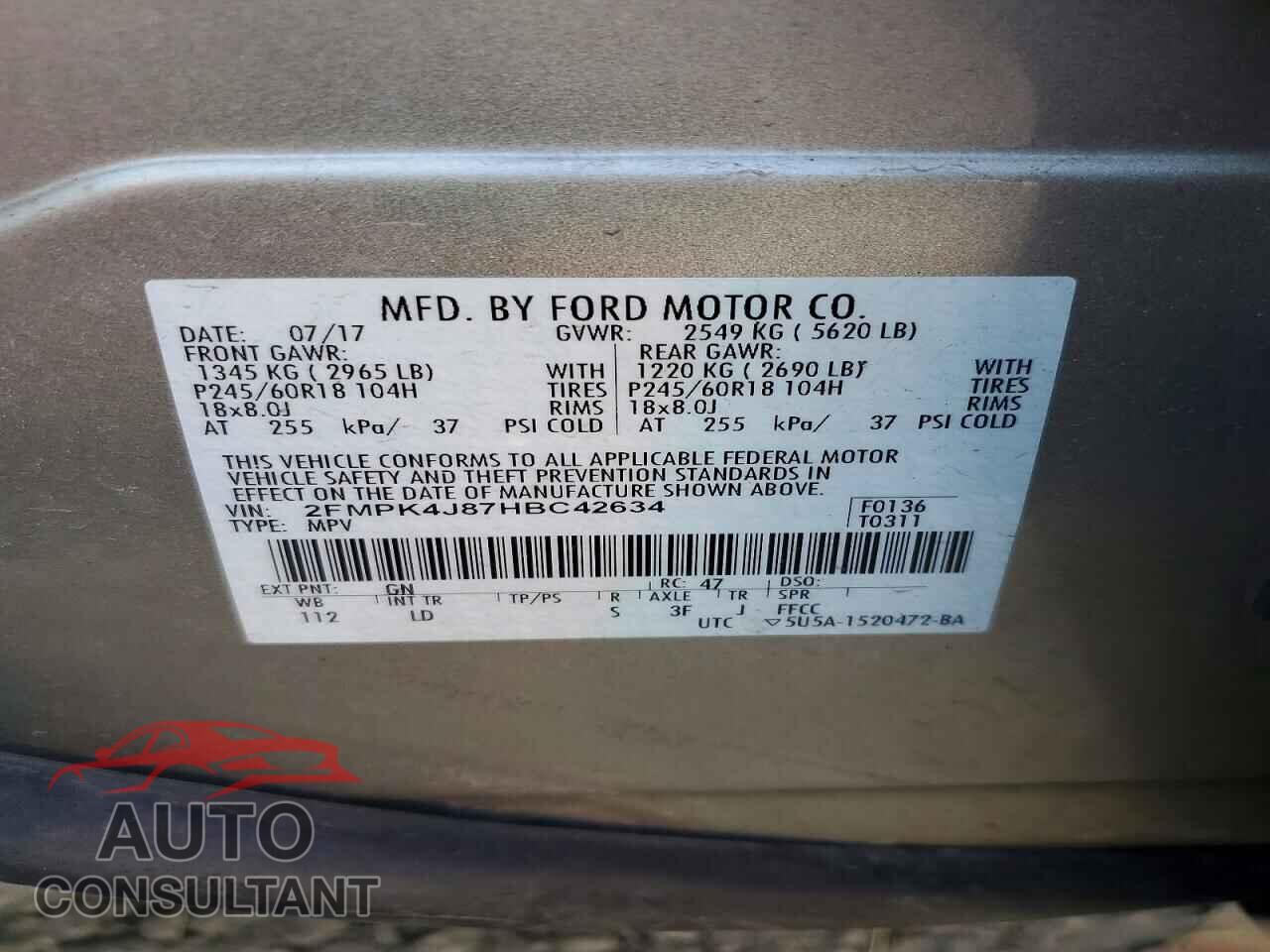 FORD EDGE 2017 - 2FMPK4J87HBC42634