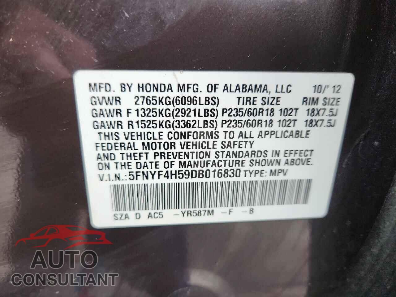 HONDA PILOT 2013 - 5FNYF4H59DB016830