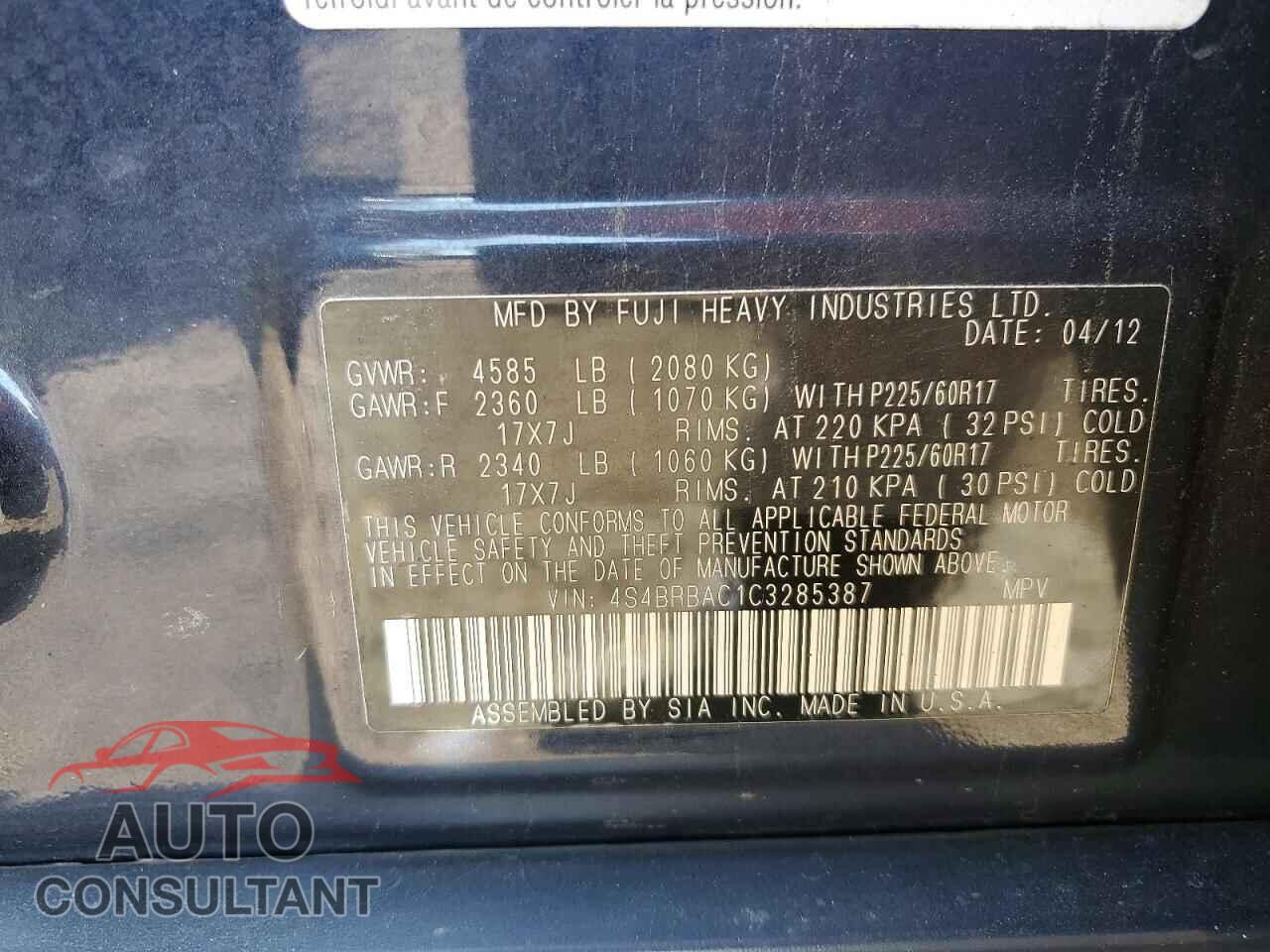 SUBARU OUTBACK 2012 - 4S4BRBAC1C3285387