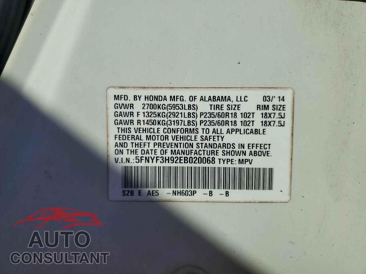 HONDA PILOT 2014 - 5FNYF3H92EB020068