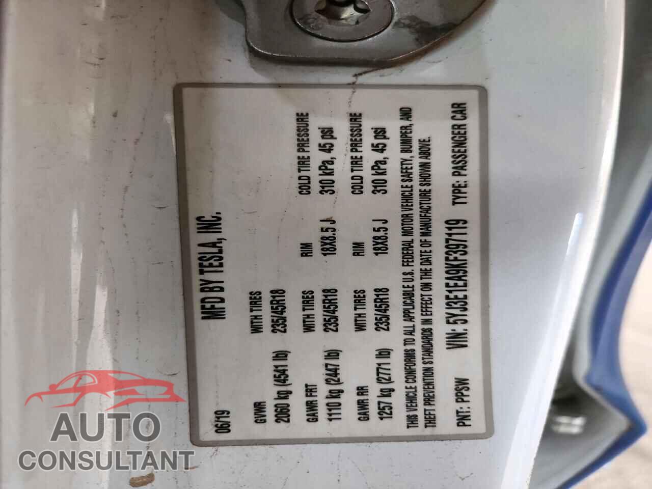 TESLA MODEL 3 2019 - 5YJ3E1EA9KF397119