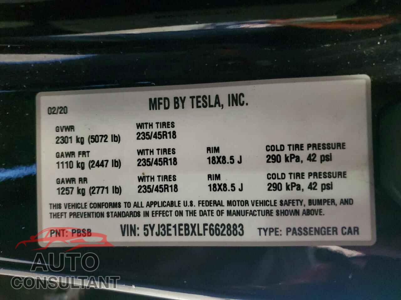 TESLA MODEL 3 2020 - 5YJ3E1EBXLF662883