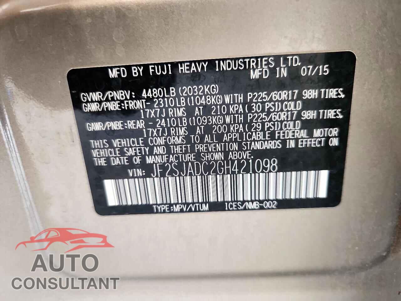 SUBARU FORESTER 2016 - JF2SJADC2GH421098