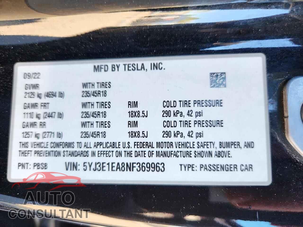TESLA MODEL 3 2022 - 5YJ3E1EA8NF369963