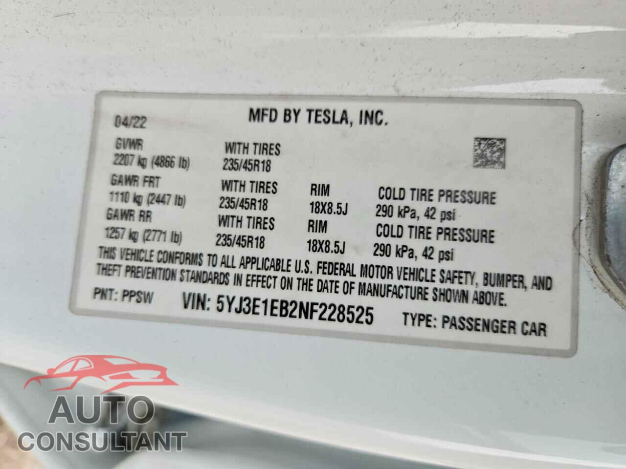 TESLA MODEL 3 2022 - 5YJ3E1EB2NF228525