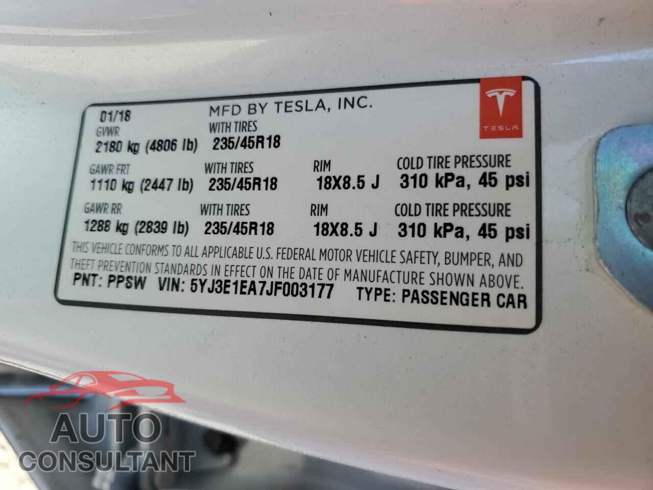 TESLA MODEL 3 2018 - 5YJ3E1EA7JF003177