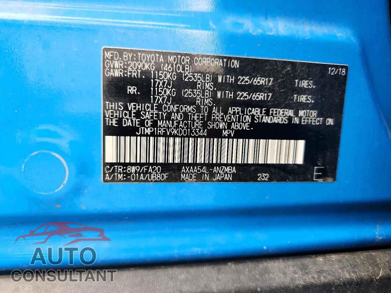 TOYOTA RAV4 2019 - JTMP1RFV9KD013344