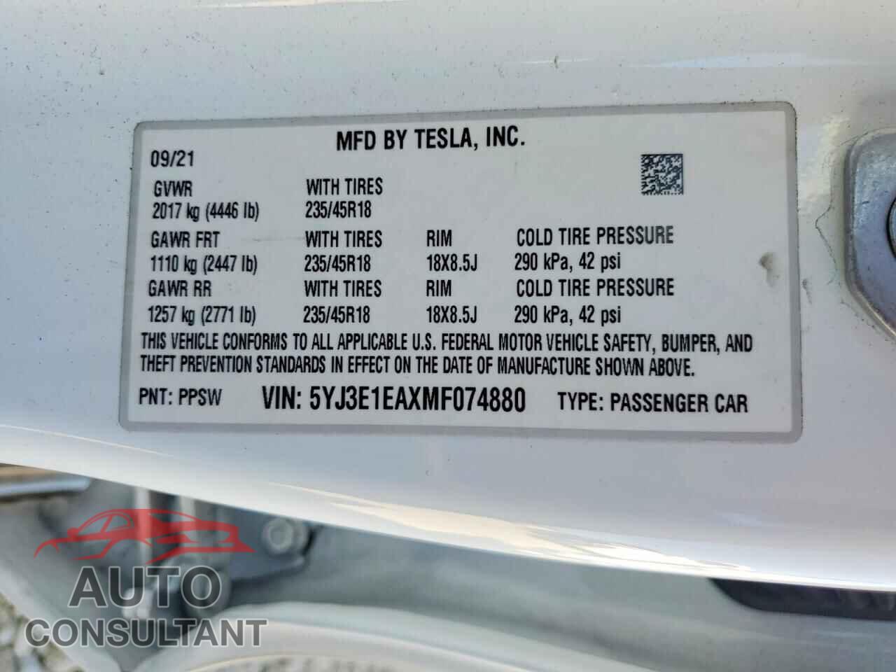 TESLA MODEL 3 2021 - 5YJ3E1EAXMF074880