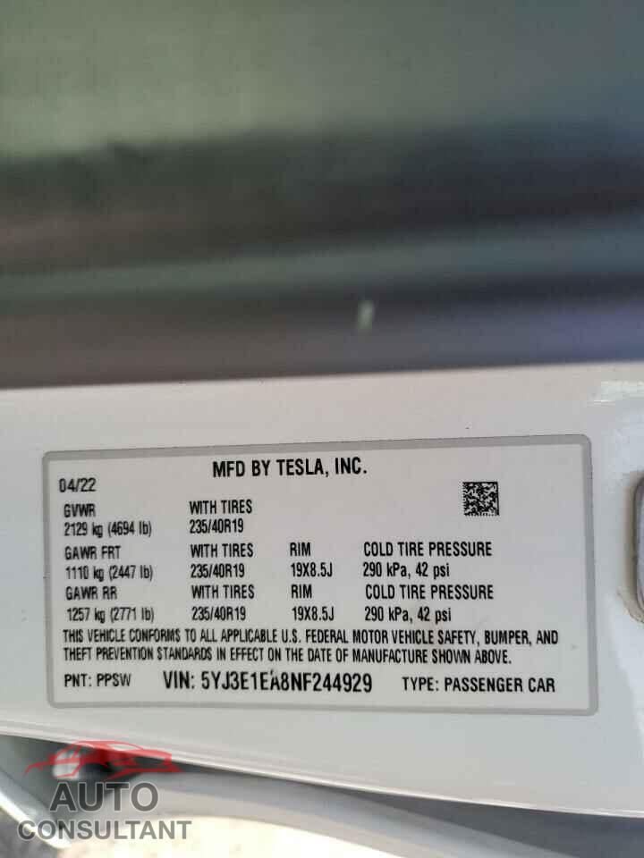 TESLA MODEL 3 2022 - 5YJ3E1EA8NF244929