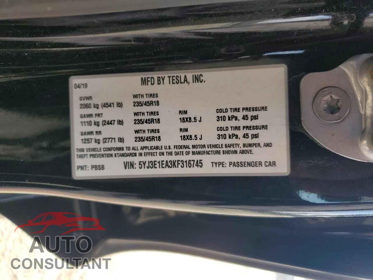 TESLA MODEL 3 2019 - 5YJ3E1EA3KF316745