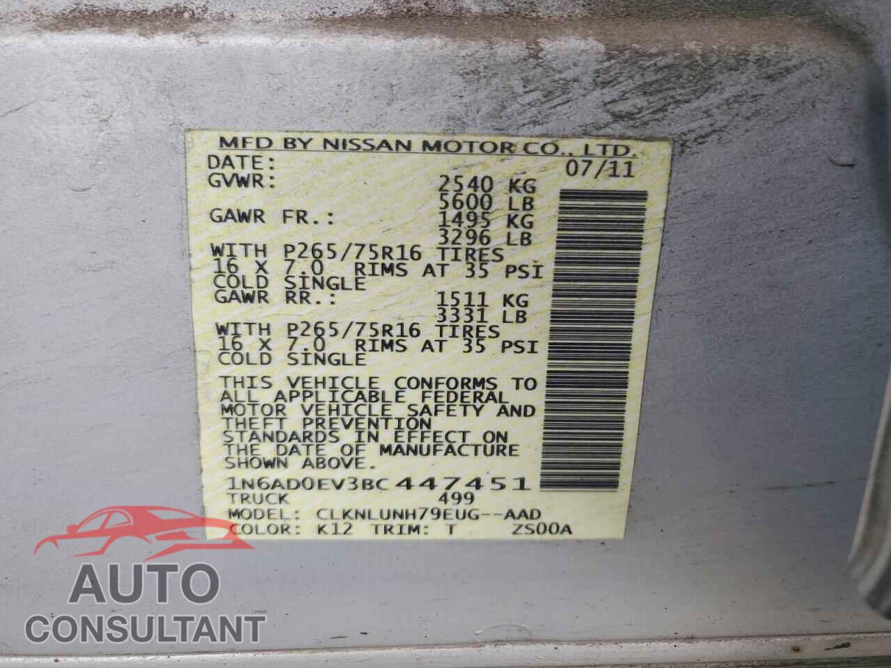 NISSAN FRONTIER 2011 - 1N6AD0EV3BC447451