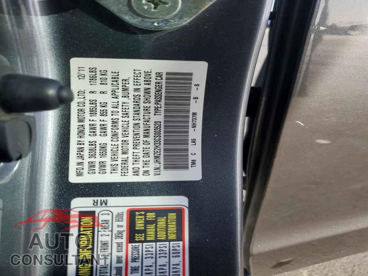 HONDA INSIGHT 2012 - JHMZE2H33CS003520
