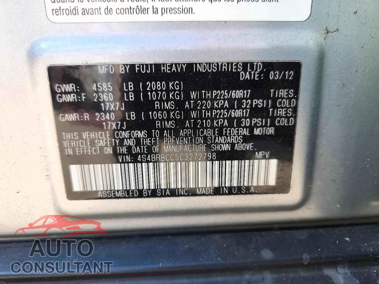 SUBARU OUTBACK 2012 - 4S4BRBCC5C3272798