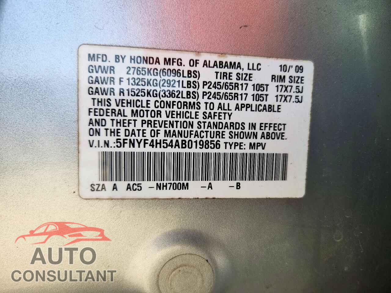 HONDA PILOT 2010 - 5FNYF4H54AB019856