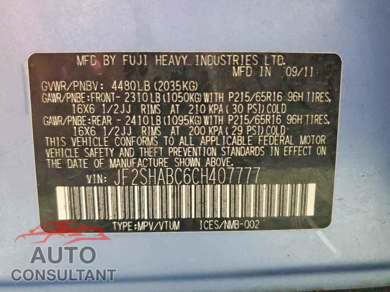 SUBARU FORESTER 2012 - JF2SHABC6CH407777