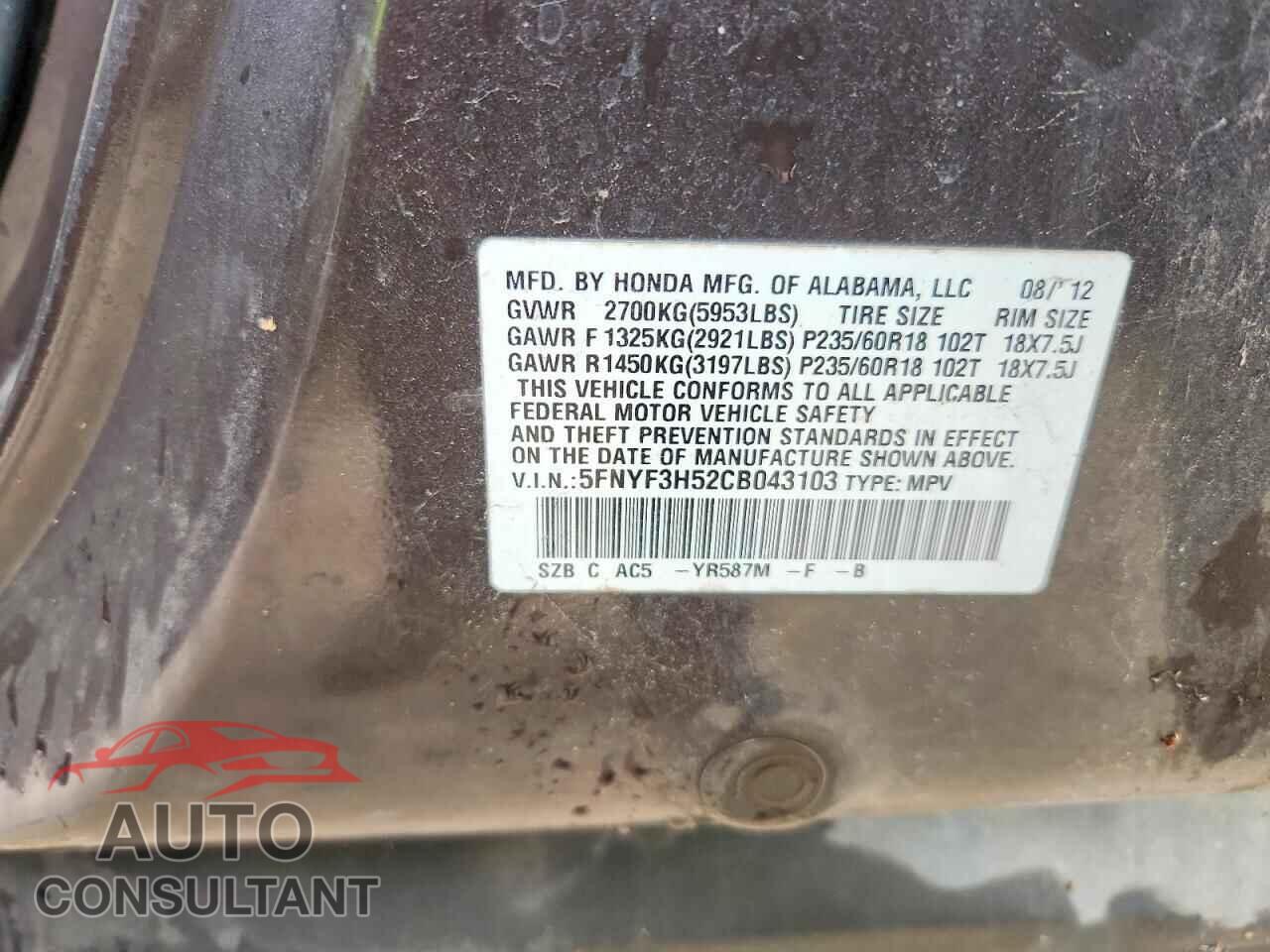 HONDA PILOT 2012 - 5FNYF3H52CB043103