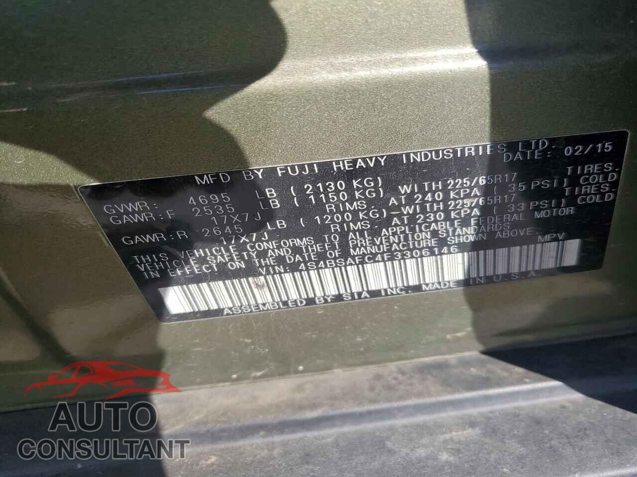 SUBARU OUTBACK 2015 - 4S4BSAFC4F3306146