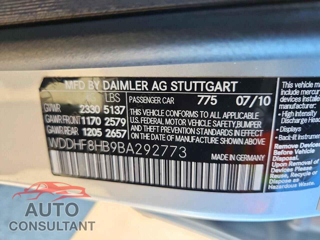 MERCEDES-BENZ E-CLASS 2011 - WDDHF8HB9BA292773