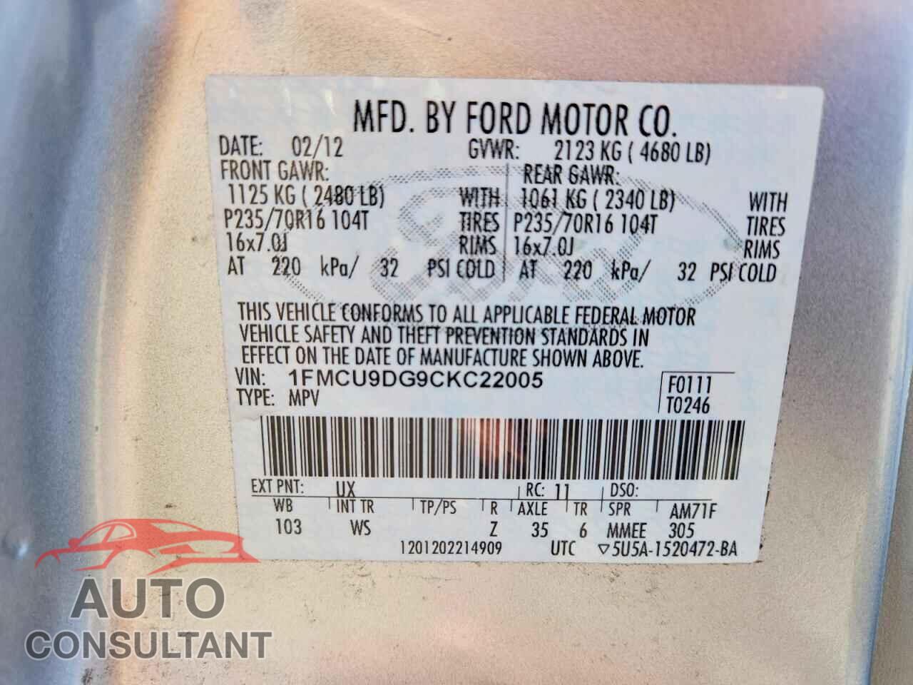 FORD ESCAPE 2012 - 1FMCU9DG9CKC22005