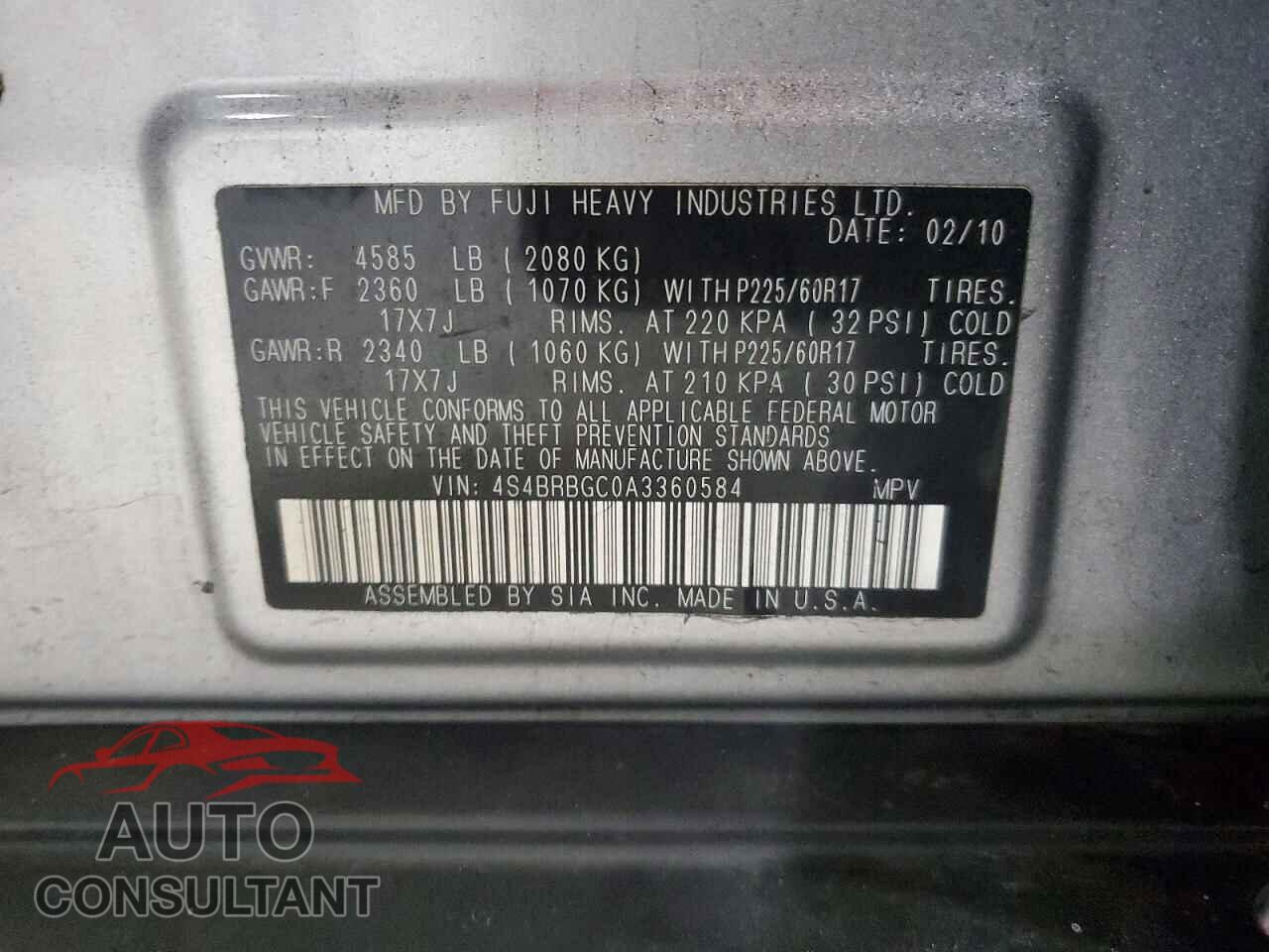 SUBARU OUTBACK 2010 - 4S4BRBGC0A3360584